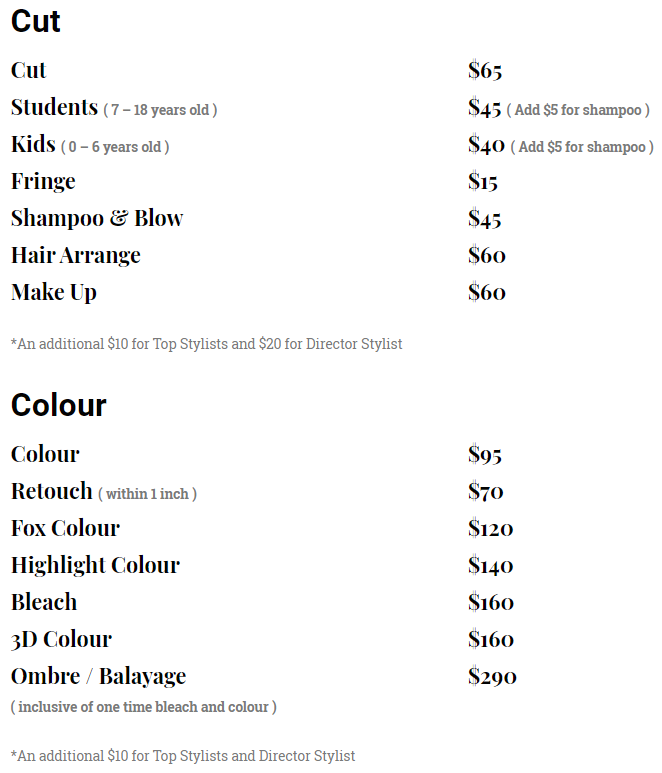 シンガポール美容室AVENTA メニュー